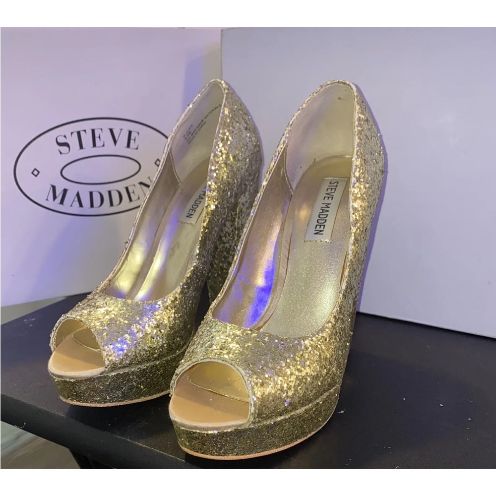Steve Madden Gold Glitter Sparkly Stiletto Platform Heels Size 8 M